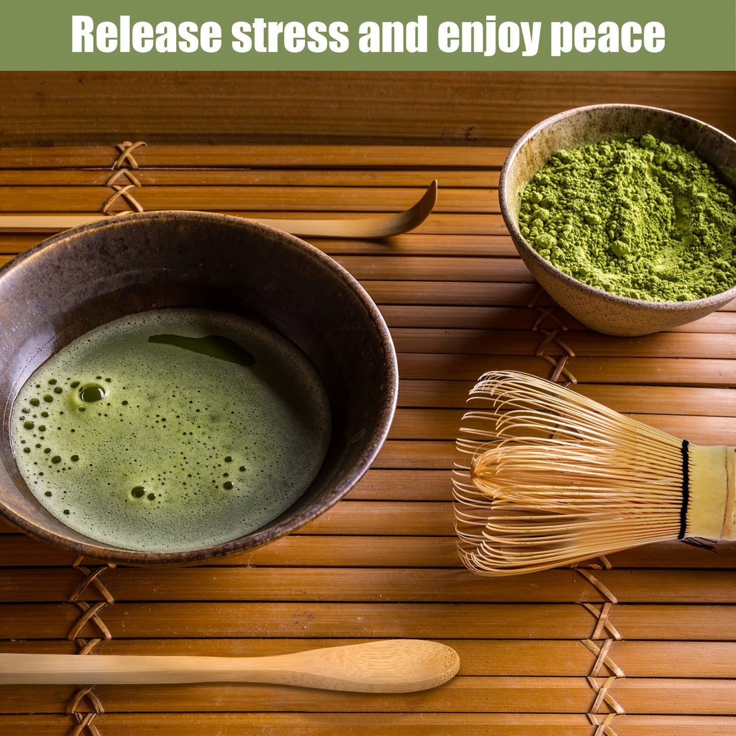 5pcs Japanese Matcha Tea Set with Handmade Bamboo Whisk, Traditional Chashaku Scoop, Deep Scoop, Stainless Steel Strainer & Clear Holder - Perfect for Tea Enthusiasts