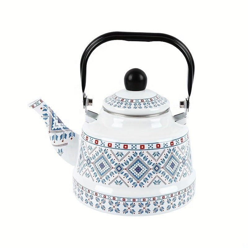 1pc 1.1L Enamel Hot Water Kettle - Geometric Print, Memory Flower Pattern, Ancient Clock Design, Induction Cooker and Open Flame Compatible, Middle Eastern and European Style, Restaurant-Grade Tea and Coffee Pot