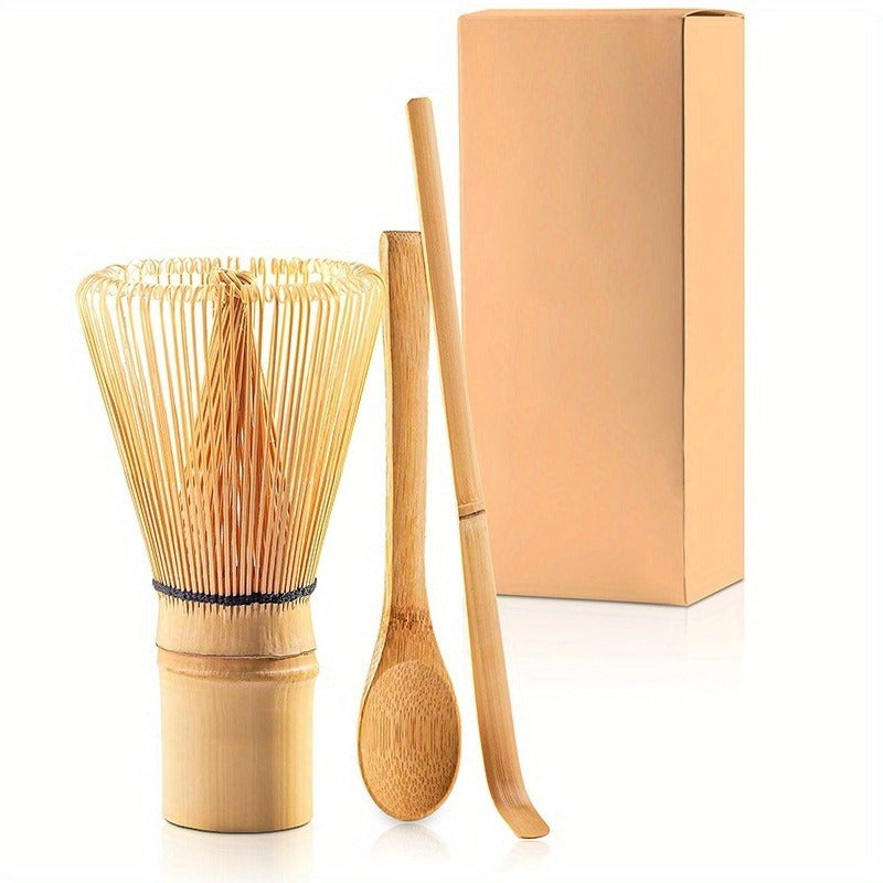 3pcs Set Traditional Handmade Matcha Whisk Set with Chasen Whisk, Chashaku Scoop, and Spoon for Matcha Tea