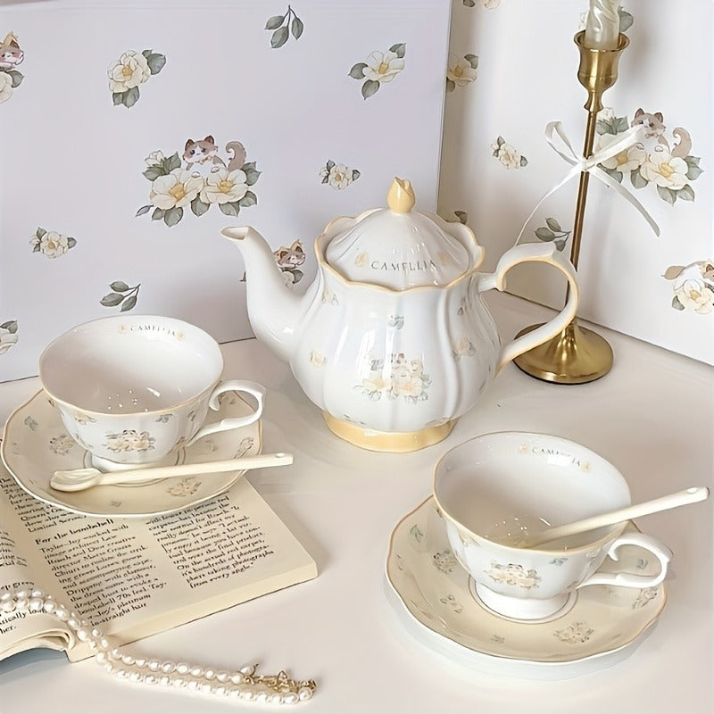 1 Set Camellia Brand Ceramic Tea Set, 2 Cups 2 Saucers 1 Teapot, Hand Wash Only, Lead-Free, Insulated, Animal Theme, Multipurpose Use