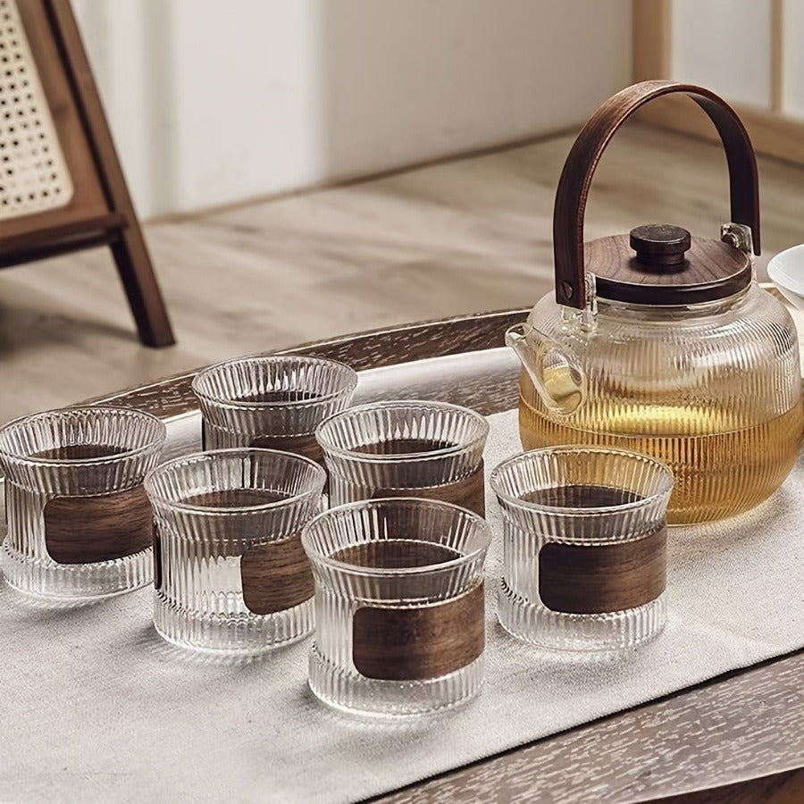1 Set Creative Striped Glass Tea Set with Infuser - 6 Cup Heat-Resistant Teapot and Cups, Multi-Functional Tea Brewing Kit for Casual Gatherings, Ideal for Christmas, Halloween, Thanksgiving, Ramadan (Eid Al-Fitr) - No Pattern