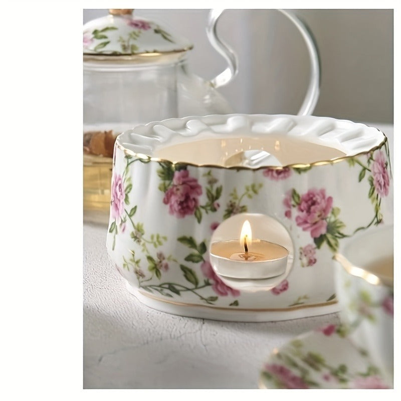 1 Set Of 21 Ceramic Tea Sets, Including A Glass Pot, A Base, Six Cups, Six Coasters, Six Spoons And A Metal Holder, Flower Tea Set, Glass Flower Teapot, Afternoon Tea Set, Family Restaurant Hotel Party, Tea Accessories, Gifts For Friends