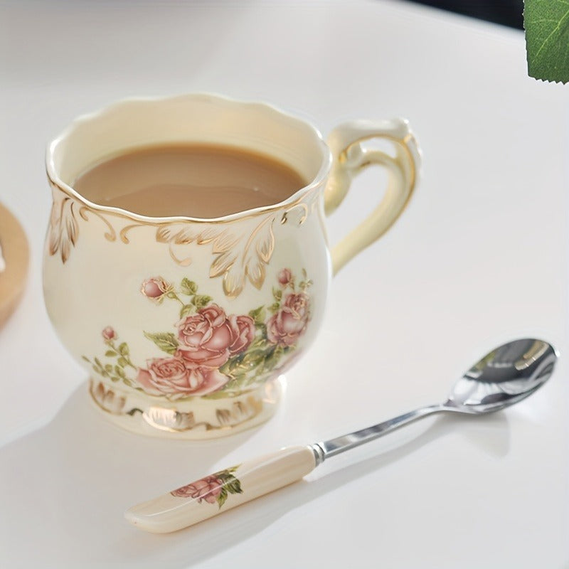 10pcs Ceramic Tea Set, European Style Retro Light Luxury Rose Flower Pattern Tea Set, Water Cup, Light Yellow Tea Kettle With Spoon Set, For Afternoon Tea, Restaurant, Living Room