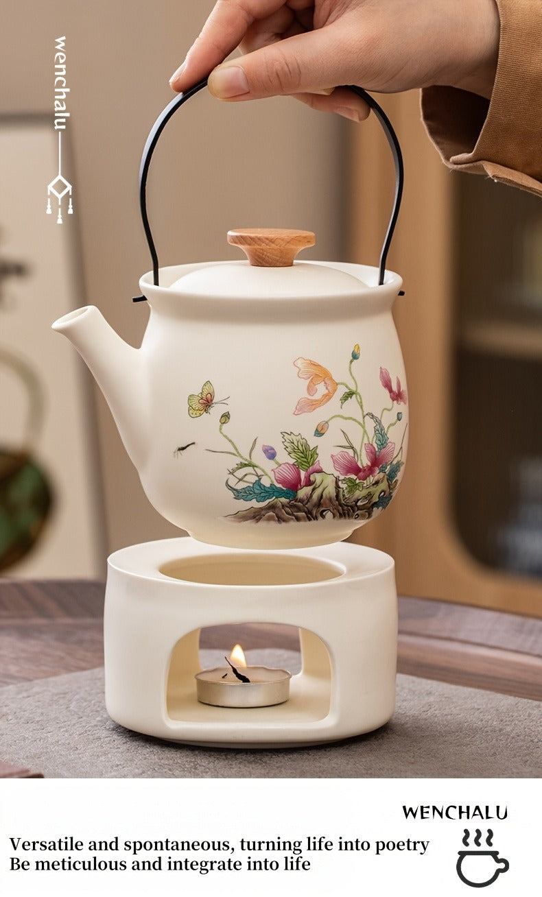 4pcs Ceramic Tea Pot And Cup Set, Flowers And Plants Print Tableware Set, With One Pot And Two Cups For Brewing Tea, Health Preservation, Socializing, Outings, Tea Parties And Decorations, Dining And Entertainment