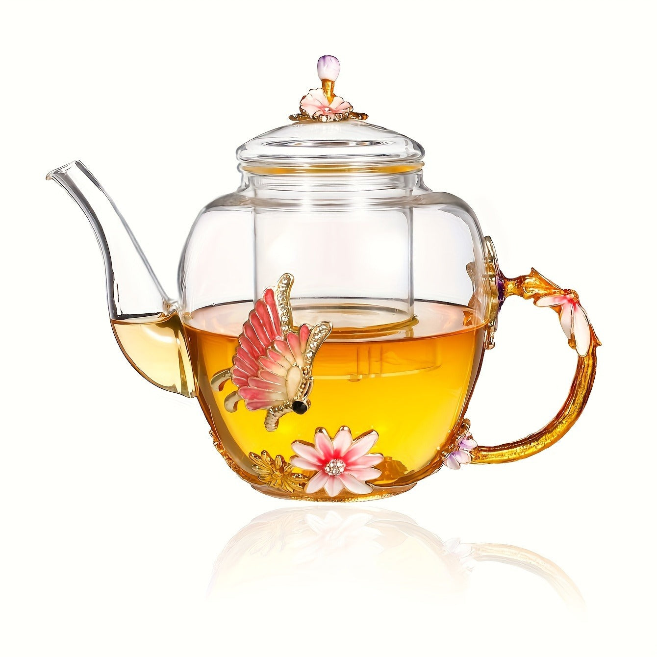 Elegant Pink Butterfly & Lily Glass Teapot - Perfect for Blooming Tea, Loose Leaf, and Herbal Infusions - Ideal Gift for Tea Enthusiasts
