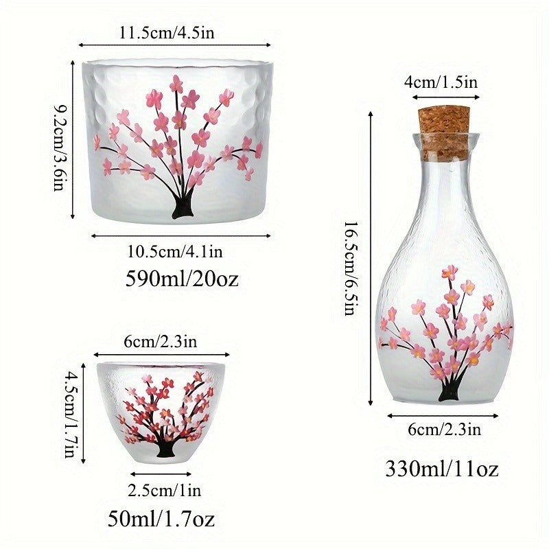 Vintage Plum Blossom Handmade Sake Set - Includes Tokkuri Bottle & Ochoko Cups, Reusable Glassware for Home and Restaurant Use