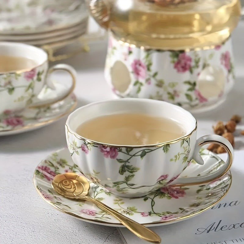 1 Set Of 21 Ceramic Tea Sets, Including A Glass Pot, A Base, Six Cups, Six Coasters, Six Spoons And A Metal Holder, Flower Tea Set, Glass Flower Teapot, Afternoon Tea Set, Family Restaurant Hotel Party, Tea Accessories, Gifts For Friends