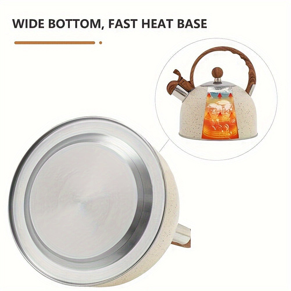 84.54oz Stainless Steel Whistling Tea Kettle with Natural Stone Finish and Wood Pattern Handle - Fast Boil, Perfect for Tea, Coffee, Milk