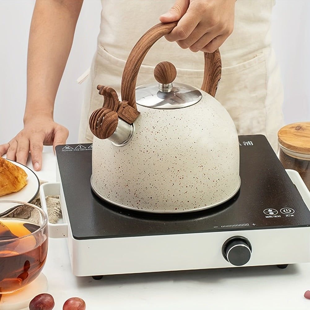84.54oz Stainless Steel Whistling Tea Kettle with Natural Stone Finish and Wood Pattern Handle - Fast Boil, Perfect for Tea, Coffee, Milk