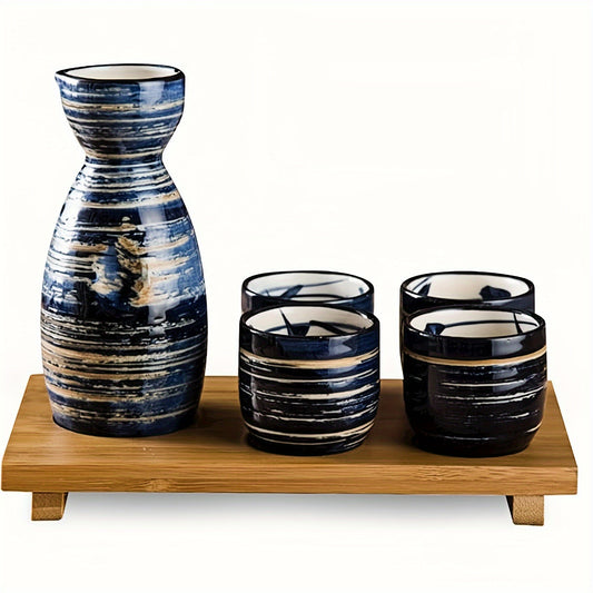 1 Set Japanese Hand-Painted Navy Blue Brushed Striped Ceramic Sake Set - Microwave Safe, Dishwasher Friendly, Ideal for Sushi Restaurants & Family Gatherings