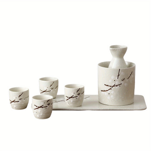 Japanese ceramic sake barware set, beige tea set for making tea and drinking, with hand-painted plum blossom pattern, handmade, suitable for sushi restaurants or families