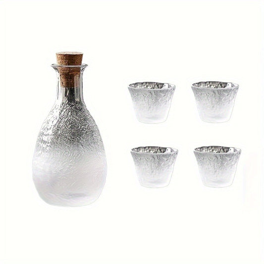 Handmade Hammered Glass Sake Set, 5-Piece Elegant Vintage Design with One Decanter (11.81 oz) and Four Sake Cups (2.2 oz Each), Ideal for Sake Enthusiasts, Home, Bars, Restaurants - Hand Wash Only