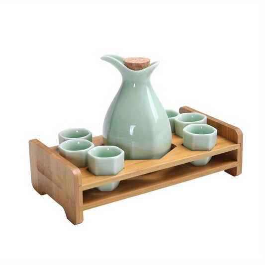 Japanese Ceramic Sake Set with Bamboo Tray - Traditional Crafted Porcelain Sake Decanter (1 Tokkuri) and 6 Ochoko Cups for Home, Sushi Bar, Restaurant, and Wedding