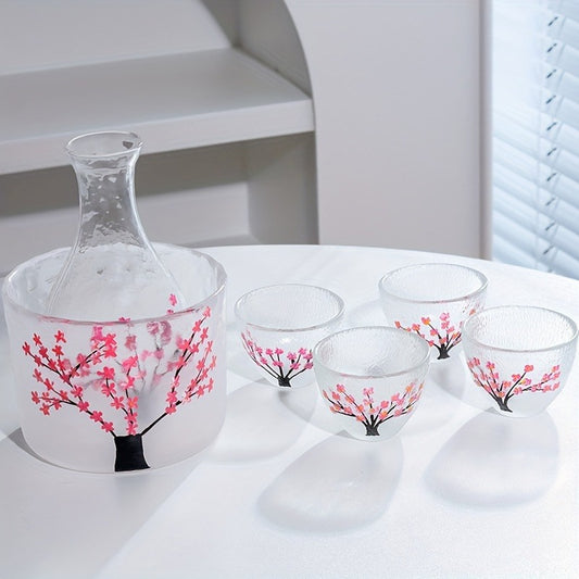 Vintage Plum Blossom Handmade Sake Set - Includes Tokkuri Bottle & Ochoko Cups, Reusable Glassware for Home and Restaurant Use