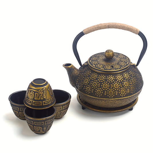 6 Piece Set Golden Japanese Cast Iron Teapot (30 oz 900 ml) with 4 Tea Cups (2 oz each) Leaf Tea Infuser and Trivet