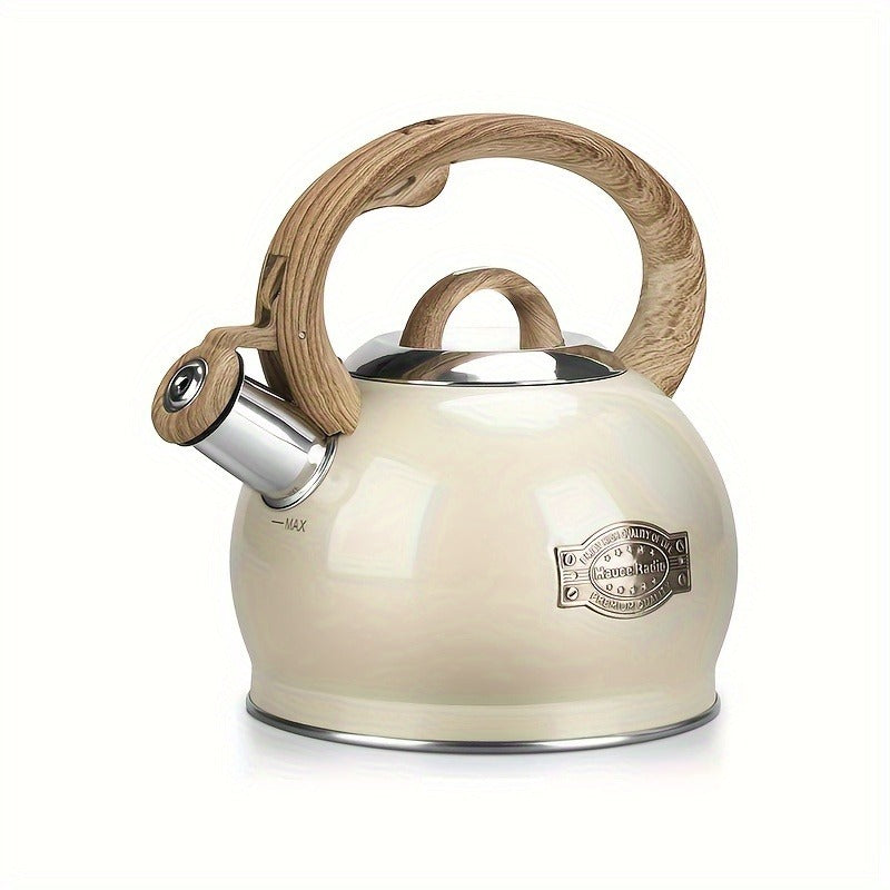 2.1 Quart Food Grade Stainless Steel Whistling Tea Kettle, Stove Top Teapot with Wood Pattern Folding Handle, Suitable for All Heat Sources