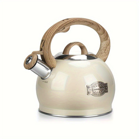 2.1 Quart Food Grade Stainless Steel Whistling Tea Kettle, Stove Top Teapot with Wood Pattern Folding Handle, Suitable for All Heat Sources