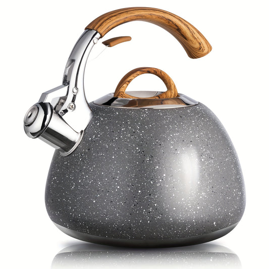 3 Quart Food Grade Stainless Steel Whistling Tea Kettle with Wooden Pattern Handle for Stovetop, Marble/Black Color Options, Essential for Home Use
