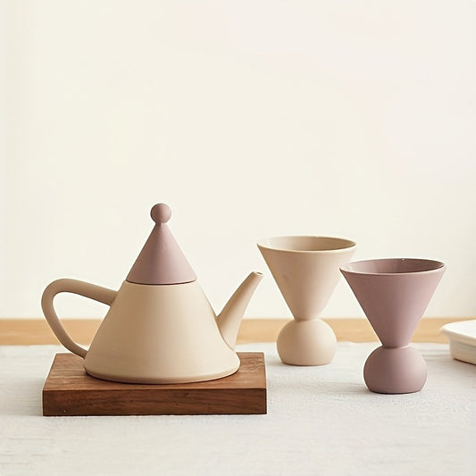 1 Set Of 3 Pcs Ceramic Tea Set, Include One Pot And Two Cups, Creative Cute Irregular Tea Set, Coffee Pot Set For Home Restaurant Hotel Office, Tea Accessories, Business Gifts, Gifts For Tea Lovers