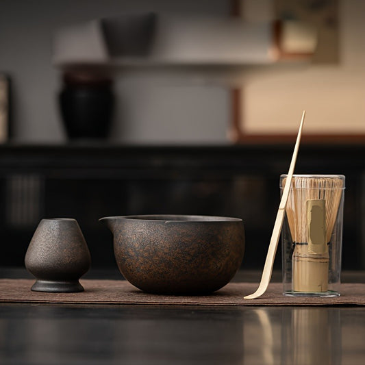 4-Piece Traditional Japanese Matcha Tea Ceremony Set, Ceramic Bowl with Bamboo Whisk, Whisk Holder, Scoop, and Sifter - Authentic Matcha Making Kit for Matcha Green Tea Preparation