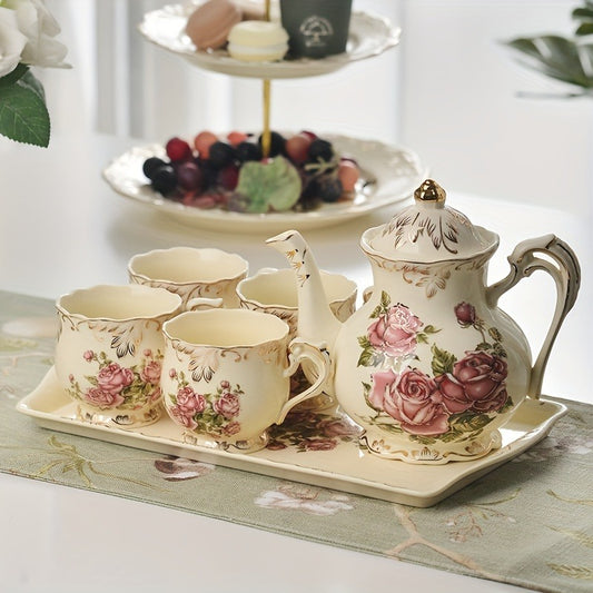 10pcs Ceramic Tea Set, European Style Retro Light Luxury Rose Flower Pattern Tea Set, Water Cup, Light Yellow Tea Kettle With Spoon Set, For Afternoon Tea, Restaurant, Living Room