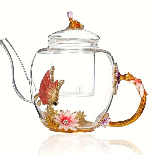 Elegant Pink Butterfly & Lily Glass Teapot - Perfect for Blooming Tea, Loose Leaf, and Herbal Infusions - Ideal Gift for Tea Enthusiasts