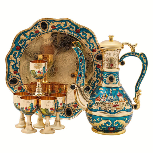 Vintage Coffee Pot Tea Pot Set, Crafts Teapot And Cup Set Including Tray And 6 Metal Cups, Tea Service Set For Tea Table Decor, Wedding Ornament (Gold)