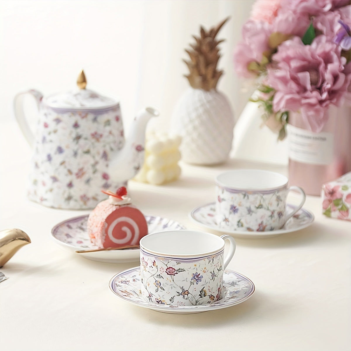 Purple Small Flower Pattern Burned Flower Ceramic Cup and Plate Set, Electroplated Gold Plated Edge Glossy Cup and Plate, Water Pot, 2pcs Cup and Plate Set, 1pc Water Pot Set, with Color Box