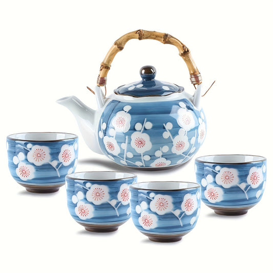 Japanese Ceramic Teapot Teacup Set, Bamboo Handle Insulation and Anti-Scalding, Delicate Plum Blossom Pattern, Blue Glazed Tea Set, Suitable for Adult Tea Parties/Restaurants