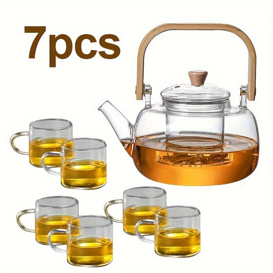7-Piece Glass Tea Set with 6 Cups, Clear Borosilicate Glass Teapot with Detachable Strainer, Heat-Resistant Loose Leaf Tea Infuser, No Pattern - Elegant Transparent Tea Brewing Set