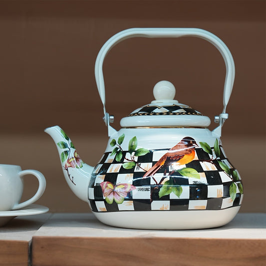 67.63oz Enamel Teapot with Novelty Pattern, Retro Nordic Style Black and White Checkered, and Camping Design, Large Handle High-Capacity, Multi-Functional, Heat-Resistant