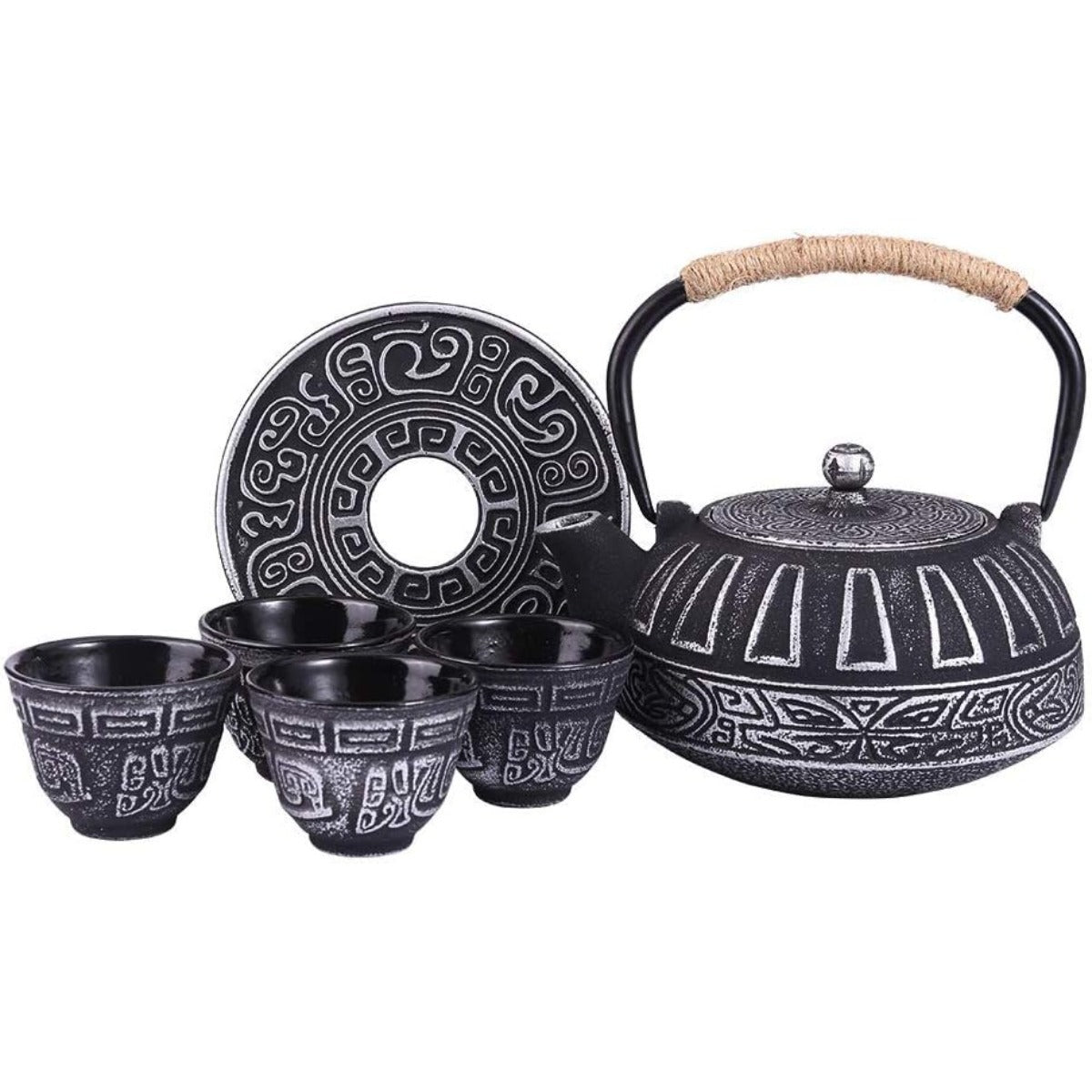 Cast Iron Teapot Set Tea Kettle with Infuser, Enameled Interior Cast Iron Tea Pot with 4 Teacup for Stove Top, Handmade Gift for Friend