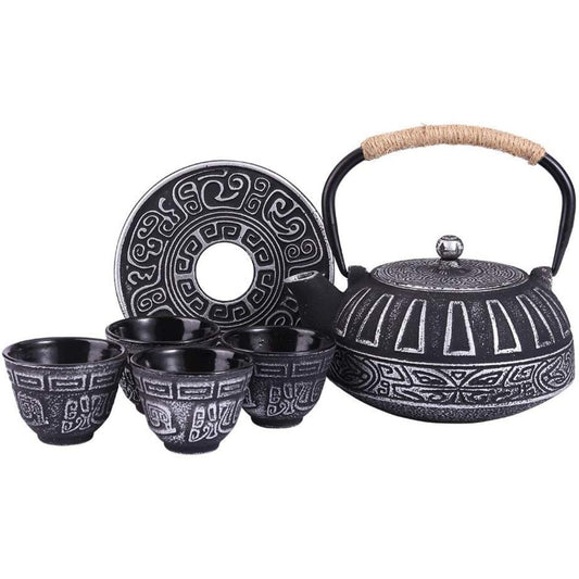 Cast Iron Teapot Set Tea Kettle with Infuser, Enameled Interior Cast Iron Tea Pot with 4 Teacup for Stove Top, Handmade Gift for Friend