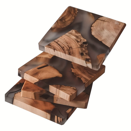 4pcs, Handmade Drink Coaster Set Modern Wooden Coasters Epoxy Resin Cedar Coster for Coffee Table, Tabletop Protection Decor (Epoxy Resin Cedar Coster)