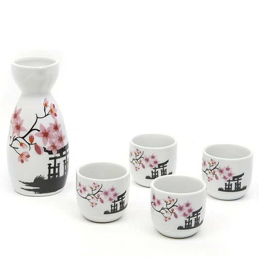 5pcs Handcrafted Japanese Sake Set - Vibrant White & Pink Blossoms, Artisanal Design - A Delightful Birthday Gift and Esteemed Collectible for Special Occasions