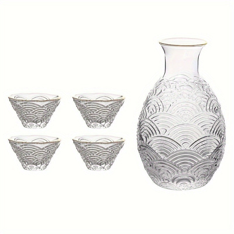 5pcs, Japanese Sake Set, 1 Bowl And 4 Cups, Glass Wine Set, Hot Pot, Hammered Pattern, Household Japanese Style, Home Decoration, Room Decoration, Gifts