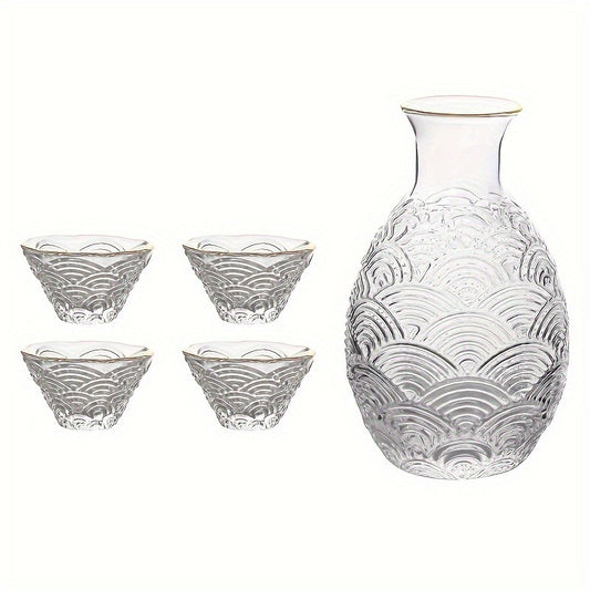 5pcs, Japanese Sake Set, 1 Bowl And 4 Cups, Glass Wine Set, Hot Pot, Hammered Pattern, Household Japanese Style, Home Decoration, Room Decoration, Gifts