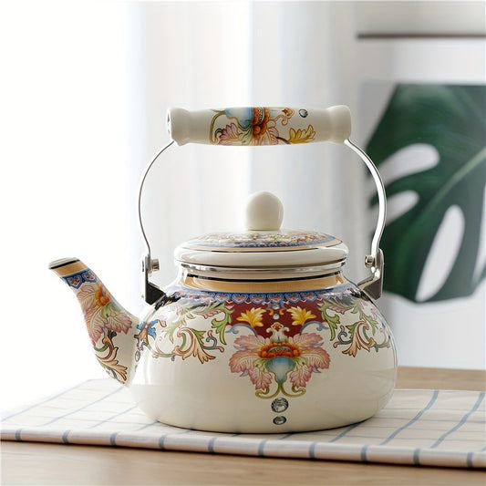 1pc Floral Ceramic Enamel Teapot Tea Kettle For Stovetop, Thickened Flat Bottom 84.54oz Home Cold Kettle Teapot Milk Teapot Induction Cooker Gas Universal