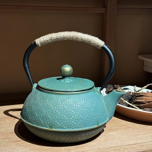 1pc, Vibrant Green & Golden Fan Pattern Cast Iron Enamel Teapot - Whimsical Tea Infuser Teapots with Removable Stainless Steel Filter, Perfect for Gift Giving, Birthday, Holiday, Tea Accessories and Enthusiasts