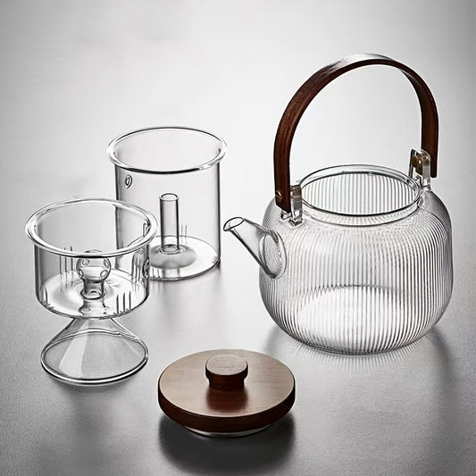 1 Set Creative Striped Glass Tea Set with Infuser - 6 Cup Heat-Resistant Teapot and Cups, Multi-Functional Tea Brewing Kit for Casual Gatherings, Ideal for Christmas, Halloween, Thanksgiving, Ramadan (Eid Al-Fitr) - No Pattern