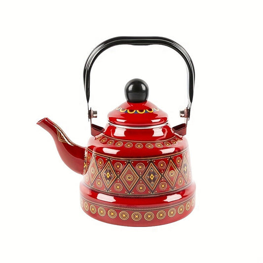 1pc 1.1L Enamel Hot Water Kettle - Geometric Print, Memory Flower Pattern, Ancient Clock Design, Induction Cooker and Open Flame Compatible, Middle Eastern and European Style, Restaurant-Grade Tea and Coffee Pot
