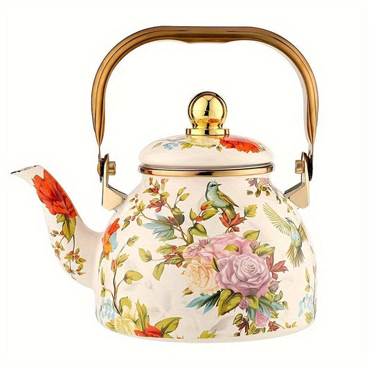40.58oz Enamel Teapot Set with Infuser - Floral & Bird Design, Thickened for Durability, High-Quality, Stovetop Safe for Electric & Gas, Perfect for Home, Restaurant, and Dining Decor