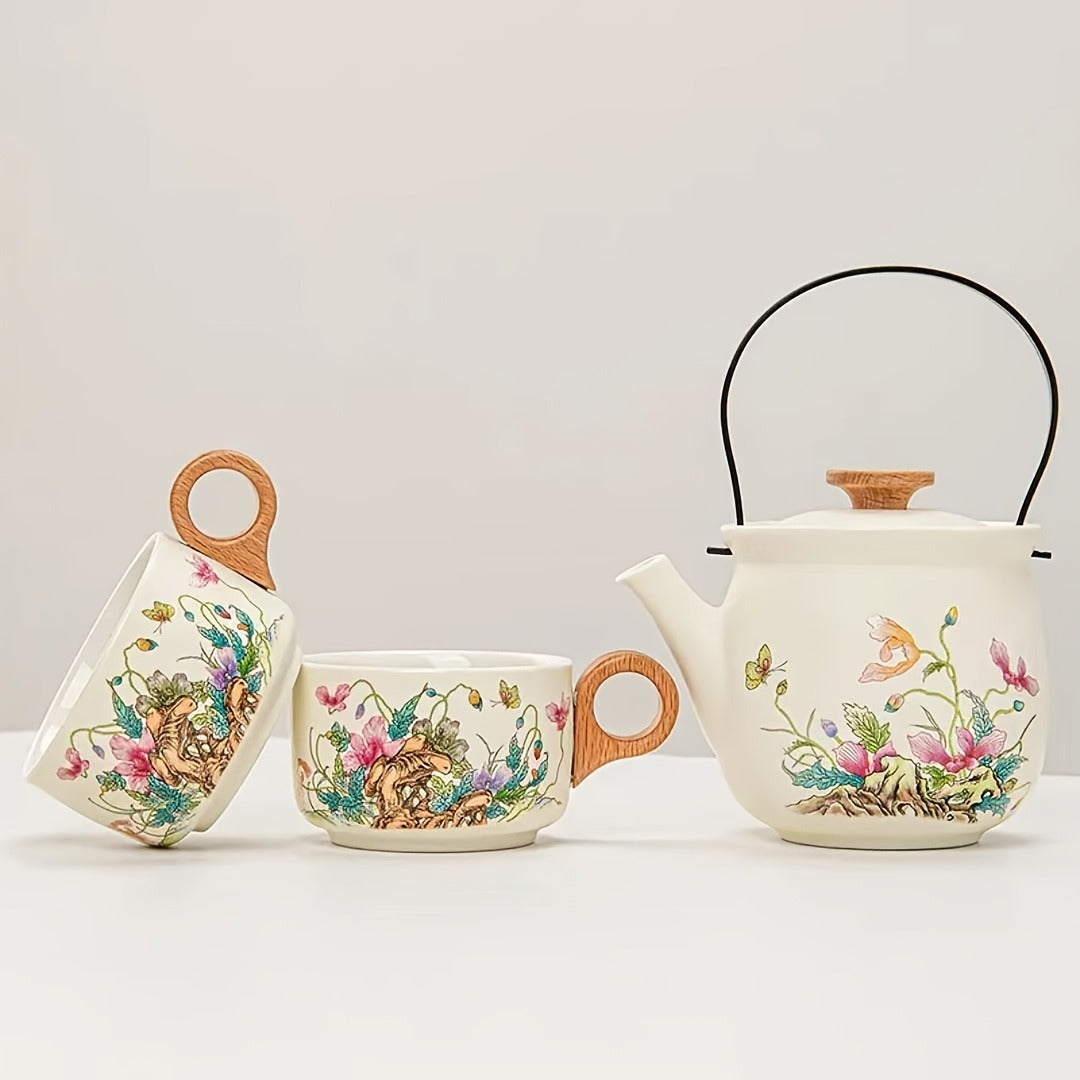 4pcs Ceramic Tea Pot And Cup Set, Flowers And Plants Print Tableware Set, With One Pot And Two Cups For Brewing Tea, Health Preservation, Socializing, Outings, Tea Parties And Decorations, Dining And Entertainment