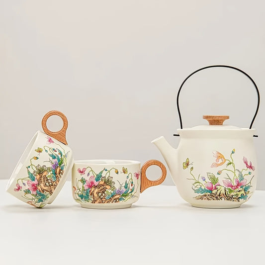 4pcs Ceramic Tea Pot And Cup Set, Flowers And Plants Print Tableware Set, With One Pot And Two Cups For Brewing Tea, Health Preservation, Socializing, Outings, Tea Parties And Decorations, Dining And Entertainment