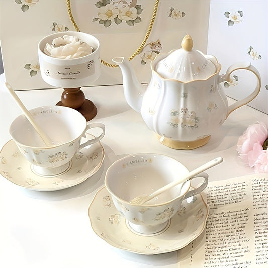 1 Set Camellia Brand Ceramic Tea Set, 2 Cups 2 Saucers 1 Teapot, Hand Wash Only, Lead-Free, Insulated, Animal Theme, Multipurpose Use