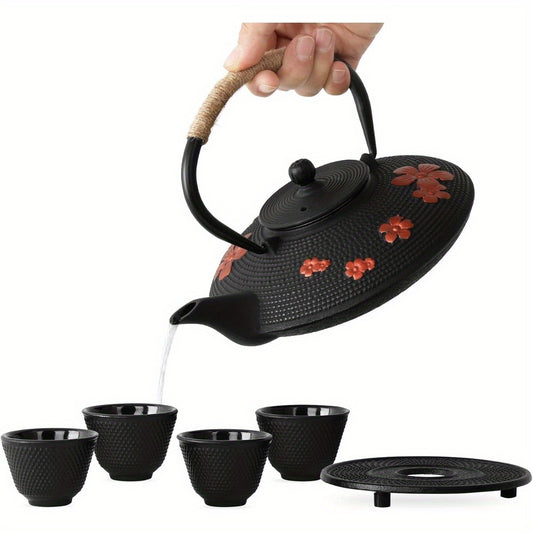 Style Cast Iron Teapot with 4 Tea Cups Trivet Tetsubin StovetopTea Kettle with Infuser Chinese Iron Tea Pot Tea Set for Adults Black (Pear Flower Pattern)