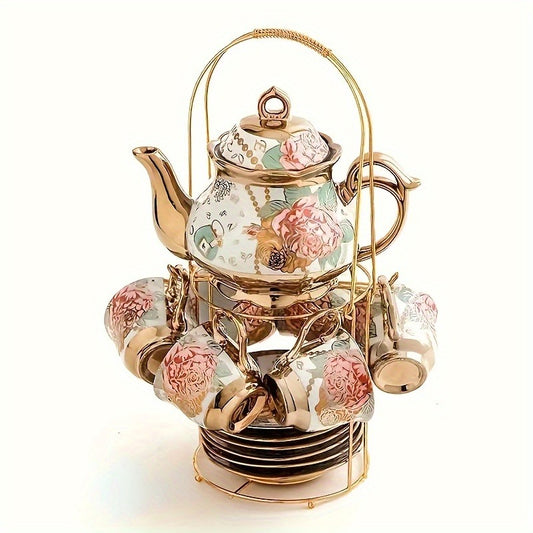 14-Piece European Ceramic Tea Set with Metal Stand, Elegant Floral Design, Holiday Theme for Afternoon Tea & Gift Giving