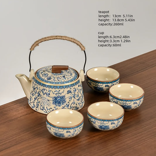 Japanese-Chinese Style Ru Kiln Blue and White Teapot and Teacup Set, Ceramic Traditional Kung Fu Tea Set with Handle for Home and Business Use - Complete Set