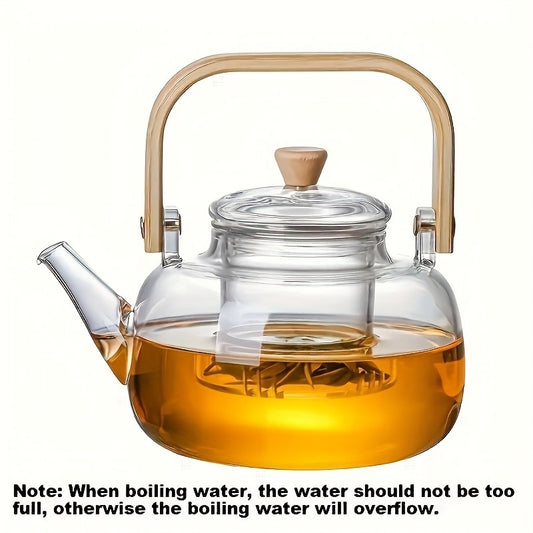 Glass Teapot with Bamboo Handle – 34oz Clear Borosilicate Glass Tea Kettle with Removable Infuser, Heat Resistant Loose Leaf Tea Brewer