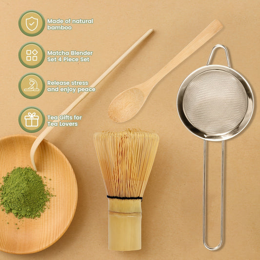5pcs Japanese Matcha Tea Set with Handmade Bamboo Whisk, Traditional Chashaku Scoop, Deep Scoop, Stainless Steel Strainer & Clear Holder - Perfect for Tea Enthusiasts